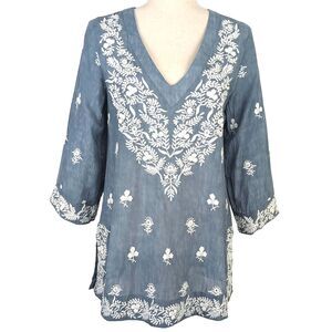 Saks Fifth Avenue Women's S/P Blue 100% Linen Embroidered V-neck Tunic Top